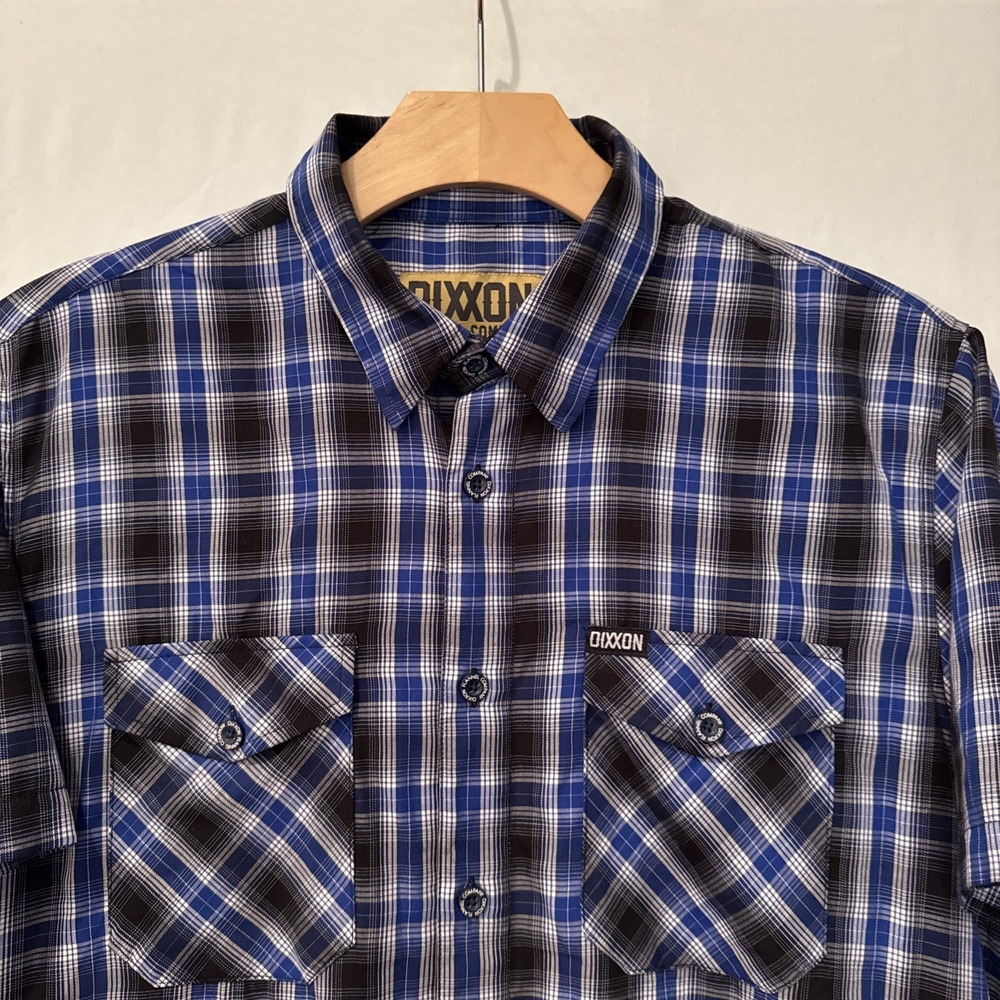Dixxon Bamboo Blend Shirt Men LG Black/Blue Plaid Short Sleeve Button Up